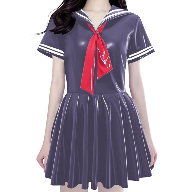 Women's Shiny PVC Mini Sailor Dress Sweet Schoolgirl Cosplay Costume with Red Necktie Wet Look Pleated Mini Dress for Party
