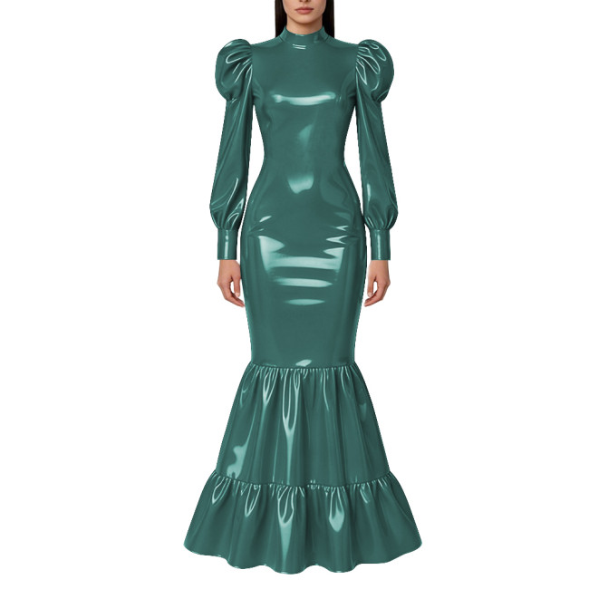 Elegant Lockable Long Mermaid Dresses Mock Neck Glossy PVC Leather Puff Sleeve Ruffled Hem Maxi Dress Gown for Party Evening