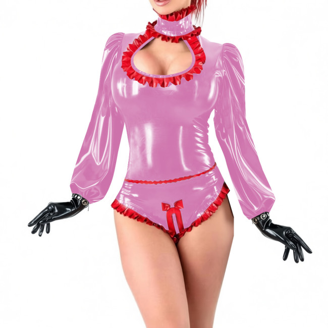 Party Sexy Hollow Out Shiny PVC Bodysuit Lockable Long Sleeve High Cut Wetlook Rompers Sissy Zipper Open Crotch High Cut Catsuit