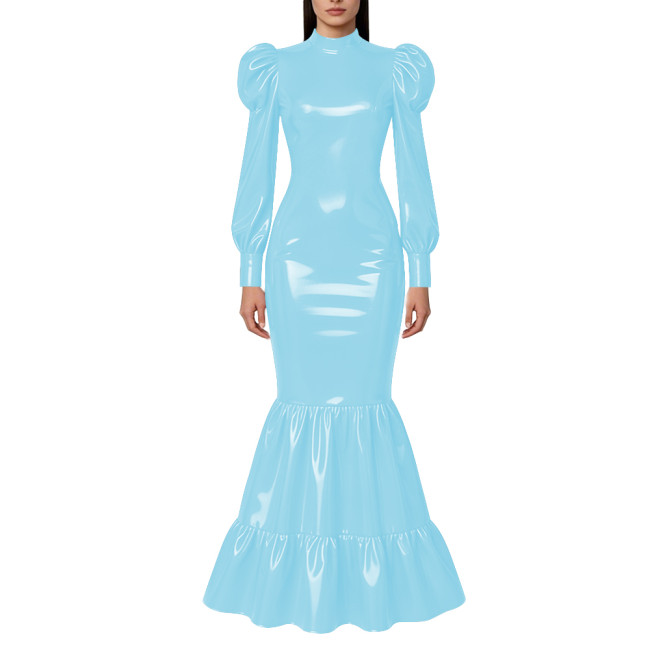 Elegant Lockable Long Mermaid Dresses Mock Neck Glossy PVC Leather Puff Sleeve Ruffled Hem Maxi Dress Gown for Party Evening