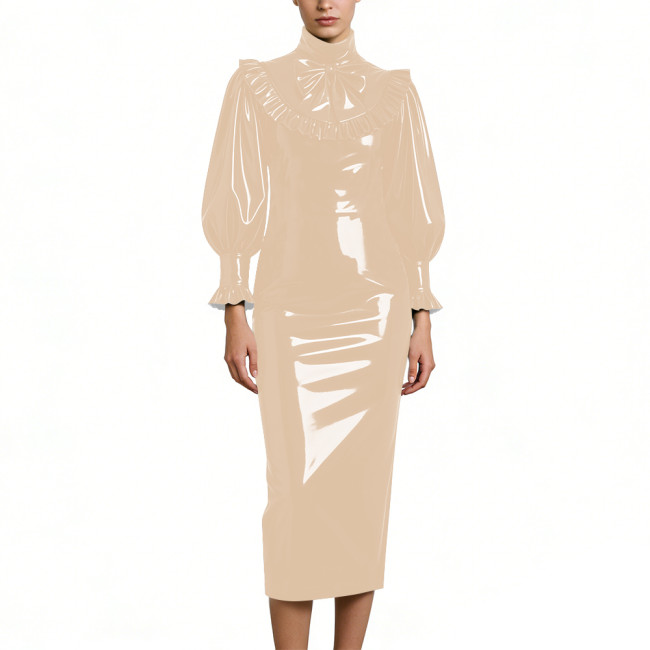 Cocktail Party Shiny PVC Leather Midi Dresses Lockable High Neck Long Sleeve Slim Fit Pencil Dress with Bow Vintage Gown Dress