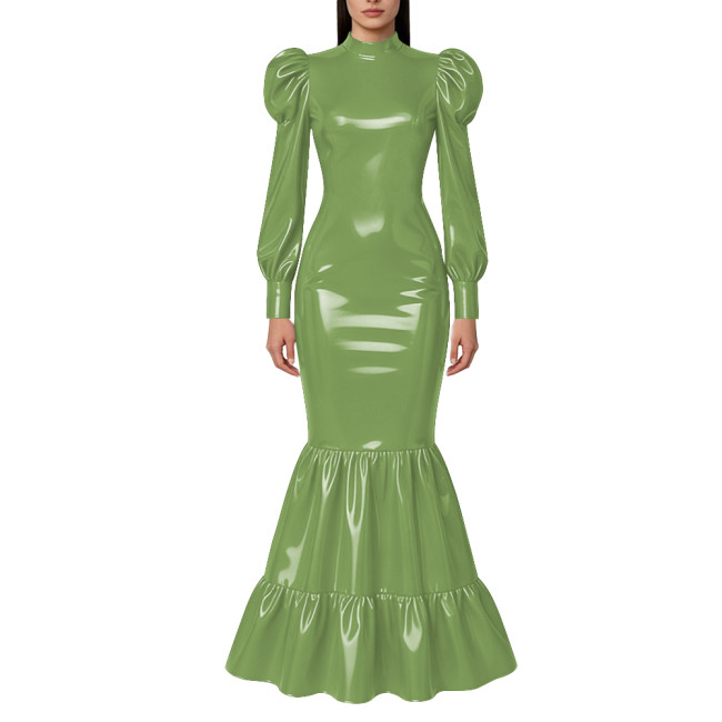 Elegant Lockable Long Mermaid Dresses Mock Neck Glossy PVC Leather Puff Sleeve Ruffled Hem Maxi Dress Gown for Party Evening