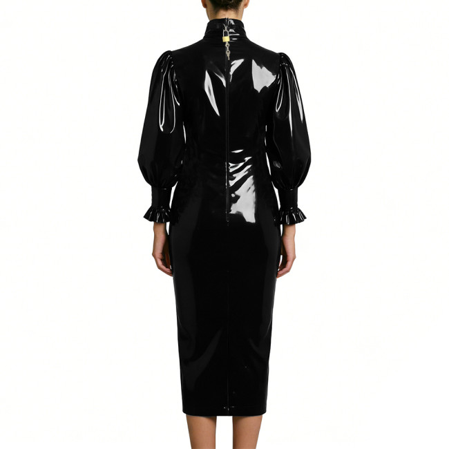 Cocktail Party Shiny PVC Leather Midi Dresses Lockable High Neck Long Sleeve Slim Fit Pencil Dress with Bow Vintage Gown Dress