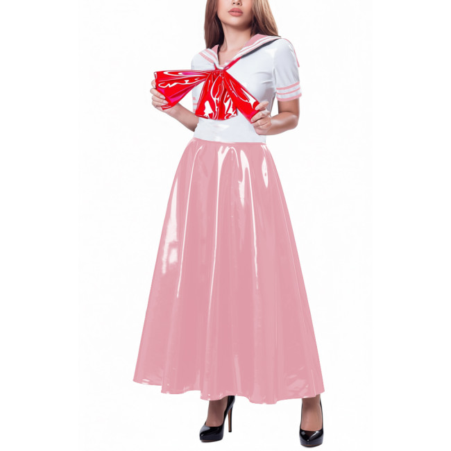 Womens Party Sailor Style Pleated Maxi Dress Vinyl PVC Leather Bow Patchwork A-line Dresses Sissy Shiny Anime Cosplay Costume