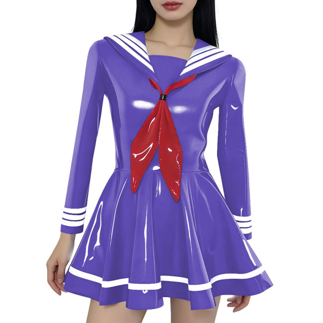 Preppy Style Shiny Sailor Collar Mini Dress Womens Long Sleeve Sweet Bow A-line Dress Vinyl PVC Leather Party Cosplay Dresses