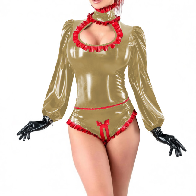 Party Sexy Hollow Out Shiny PVC Bodysuit Lockable Long Sleeve High Cut Wetlook Rompers Sissy Zipper Open Crotch High Cut Catsuit
