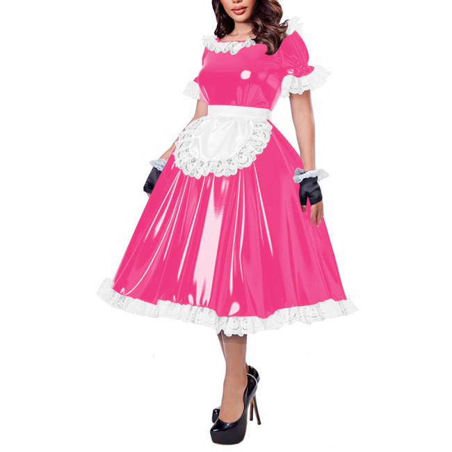 French Maid Lace Trim Glossy Midi Dress Sissy Puff Sleeve Apron Wet PVC Leather A-line Dress for Halloween Party Cosplay Outfits