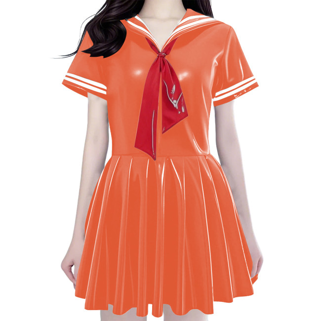 Women's Shiny PVC Mini Sailor Dress Sweet Schoolgirl Cosplay Costume with Red Necktie Wet Look Pleated Mini Dress for Party