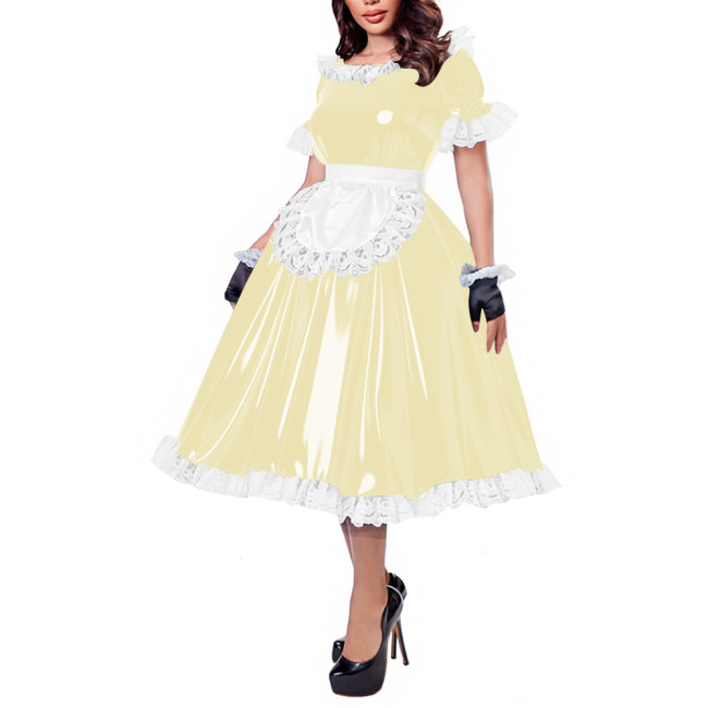 French Maid Lace Trim Glossy Midi Dress Sissy Puff Sleeve Apron Wet PVC Leather A-line Dress for Halloween Party Cosplay Outfits
