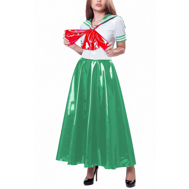 Womens Party Sailor Style Pleated Maxi Dress Vinyl PVC Leather Bow Patchwork A-line Dresses Sissy Shiny Anime Cosplay Costume