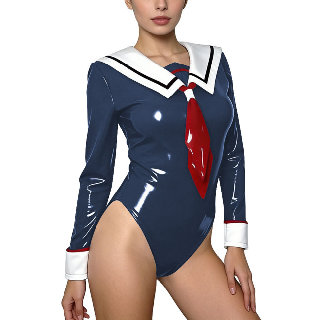 Sexy Themed Party Sailor Outfit Wetlook PVC Leather Long Sleeve Bodysuit with Necktie Cross Dresser Halloween Cosplay Costume