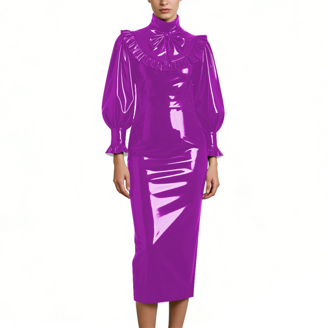 Cocktail Party Shiny PVC Leather Midi Dresses Lockable High Neck Long Sleeve Slim Fit Pencil Dress with Bow Vintage Gown Dress
