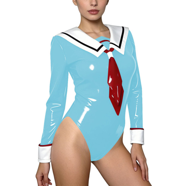 Sexy Themed Party Sailor Outfit Wetlook PVC Leather Long Sleeve Bodysuit with Necktie Cross Dresser Halloween Cosplay Costume