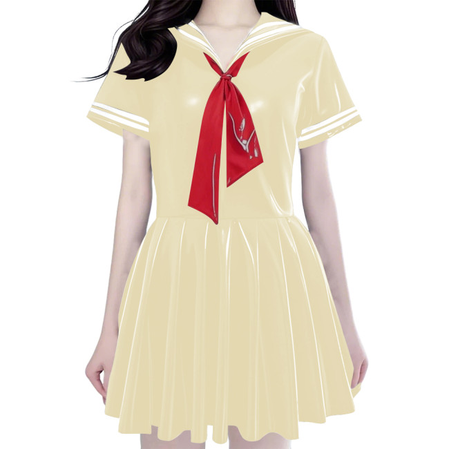 Women's Shiny PVC Mini Sailor Dress Sweet Schoolgirl Cosplay Costume with Red Necktie Wet Look Pleated Mini Dress for Party