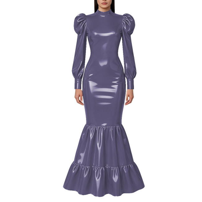 Elegant Lockable Long Mermaid Dresses Mock Neck Glossy PVC Leather Puff Sleeve Ruffled Hem Maxi Dress Gown for Party Evening