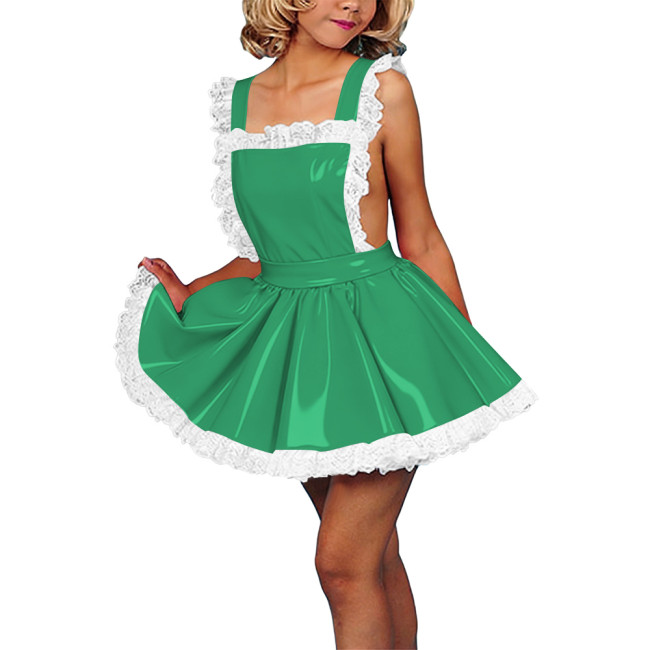 Lolita Style Sexy Backless PVC Shiny Mini Dress Women's High Waist Elegant Sling Mini Pleated SKirt Retro Sissy Cosplay Costume