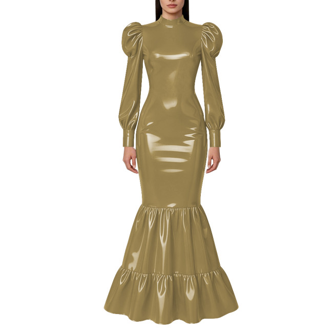 Elegant Lockable Long Mermaid Dresses Mock Neck Glossy PVC Leather Puff Sleeve Ruffled Hem Maxi Dress Gown for Party Evening