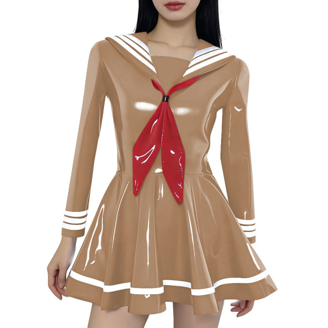 Preppy Style Shiny Sailor Collar Mini Dress Womens Long Sleeve Sweet Bow A-line Dress Vinyl PVC Leather Party Cosplay Dresses