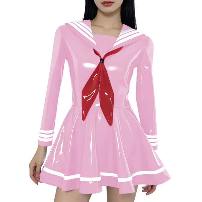 Preppy Style Shiny Sailor Collar Mini Dress Womens Long Sleeve Sweet Bow A-line Dress Vinyl PVC Leather Party Cosplay Dresses