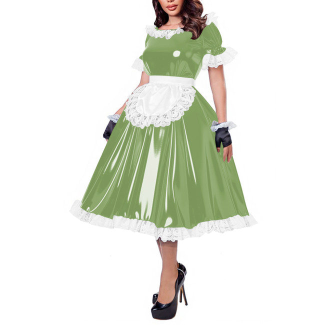 French Maid Lace Trim Glossy Midi Dress Sissy Puff Sleeve Apron Wet PVC Leather A-line Dress for Halloween Party Cosplay Outfits