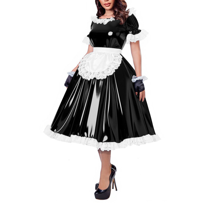 French Maid Lace Trim Glossy Midi Dress Sissy Puff Sleeve Apron Wet PVC Leather A-line Dress for Halloween Party Cosplay Outfits