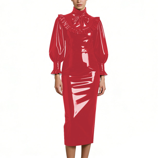 Cocktail Party Shiny PVC Leather Midi Dresses Lockable High Neck Long Sleeve Slim Fit Pencil Dress with Bow Vintage Gown Dress