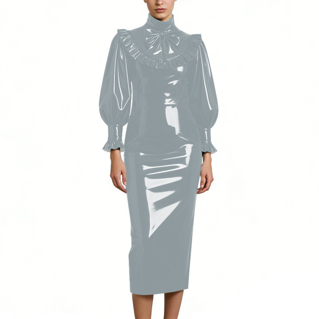 Cocktail Party Shiny PVC Leather Midi Dresses Lockable High Neck Long Sleeve Slim Fit Pencil Dress with Bow Vintage Gown Dress