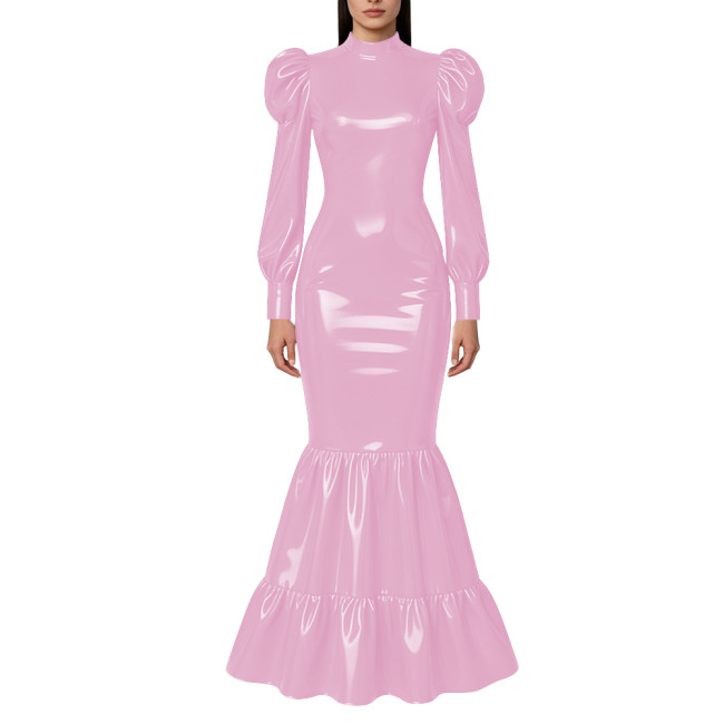 Elegant Lockable Long Mermaid Dresses Mock Neck Glossy PVC Leather Puff Sleeve Ruffled Hem Maxi Dress Gown for Party Evening