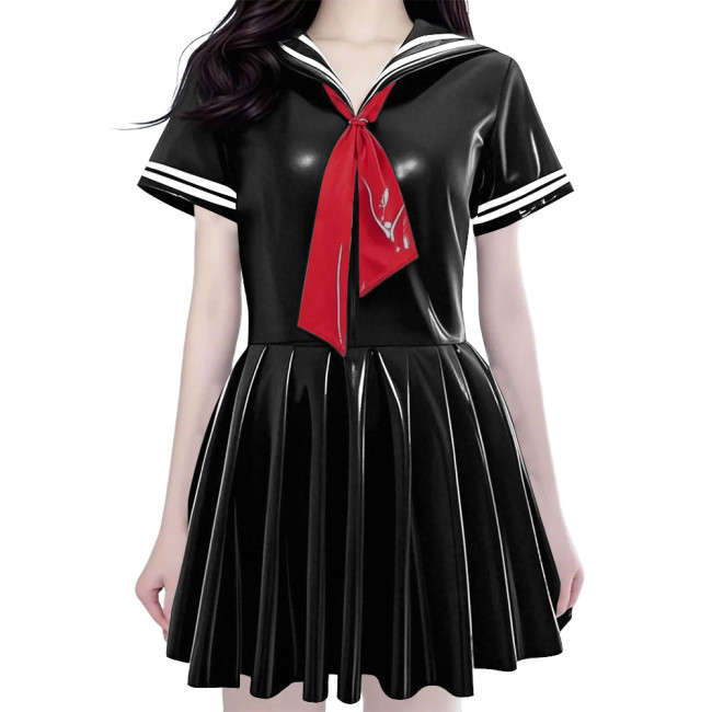 Women's Shiny PVC Mini Sailor Dress Sweet Schoolgirl Cosplay Costume with Red Necktie Wet Look Pleated Mini Dress for Party