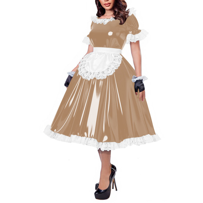 French Maid Lace Trim Glossy Midi Dress Sissy Puff Sleeve Apron Wet PVC Leather A-line Dress for Halloween Party Cosplay Outfits