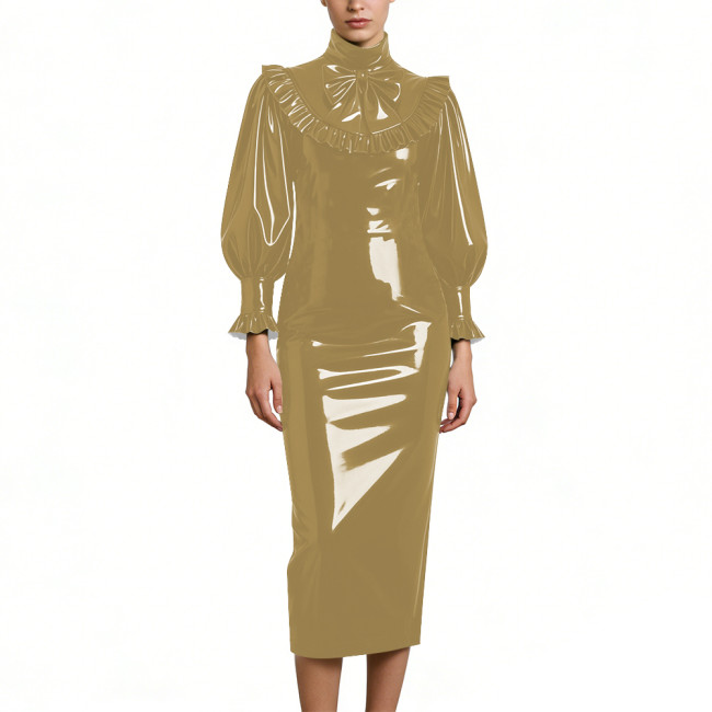 Cocktail Party Shiny PVC Leather Midi Dresses Lockable High Neck Long Sleeve Slim Fit Pencil Dress with Bow Vintage Gown Dress