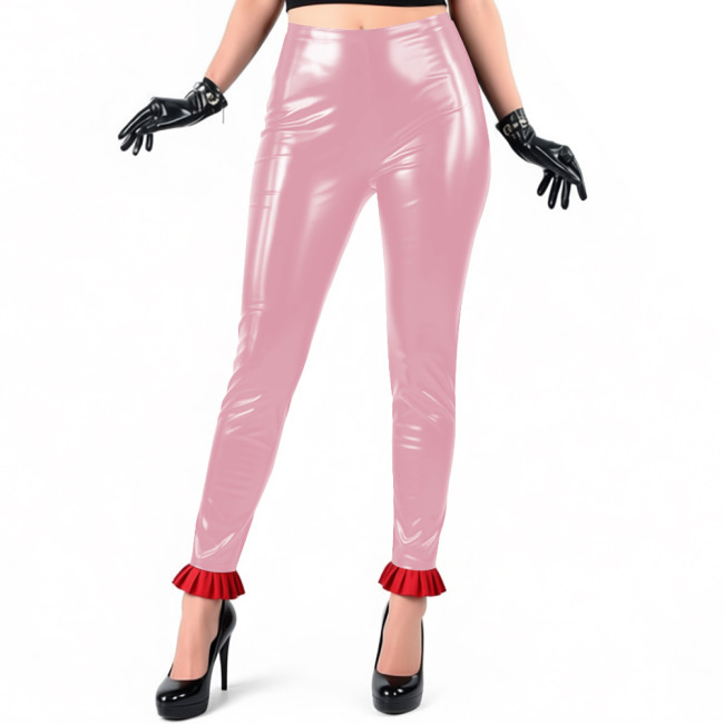 Women's Glossy PVC Leather Leggings with Ruffles Hem High Waist Stretchy Skinny Pants Wetlook Zippers Pencil Pant Party Clubwear
