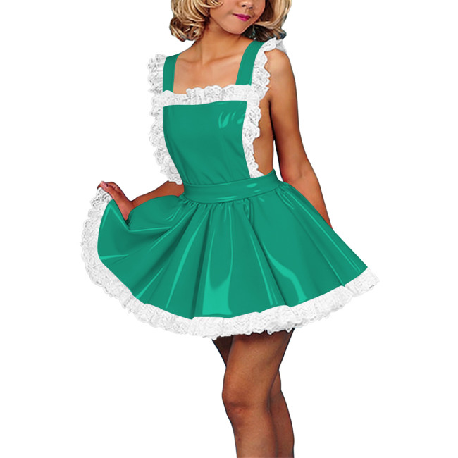 Lolita Style Sexy Backless PVC Shiny Mini Dress Women's High Waist Elegant Sling Mini Pleated SKirt Retro Sissy Cosplay Costume