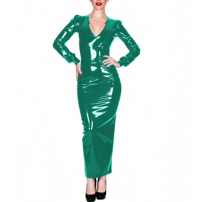 Shiny PVC Leather Solid Color Long Dress Office Ladies Long Sleeve V Neck Stretchy Bodycon Dress Womens Elegant Party Vestidos