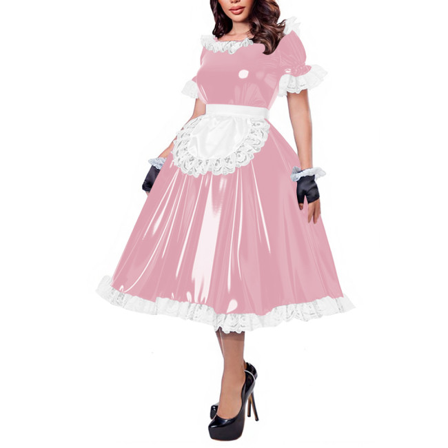 French Maid Lace Trim Glossy Midi Dress Sissy Puff Sleeve Apron Wet PVC Leather A-line Dress for Halloween Party Cosplay Outfits