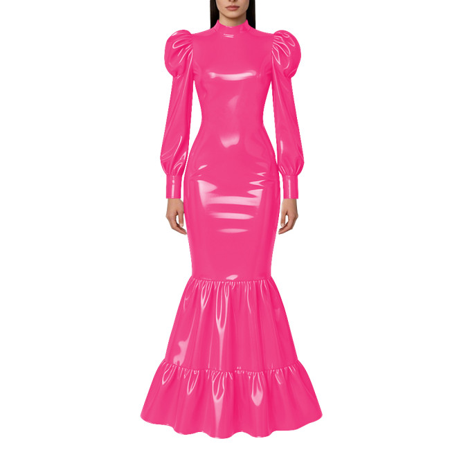 Elegant Lockable Long Mermaid Dresses Mock Neck Glossy PVC Leather Puff Sleeve Ruffled Hem Maxi Dress Gown for Party Evening
