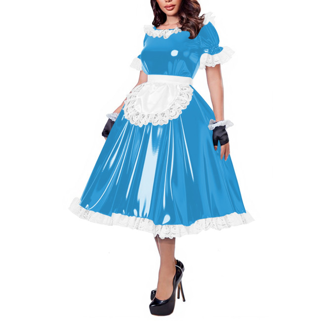 French Maid Lace Trim Glossy Midi Dress Sissy Puff Sleeve Apron Wet PVC Leather A-line Dress for Halloween Party Cosplay Outfits