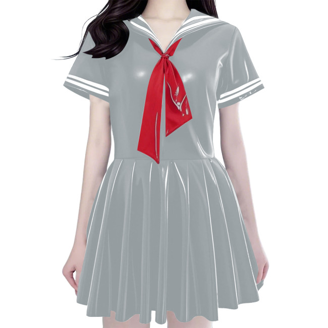 Women's Shiny PVC Mini Sailor Dress Sweet Schoolgirl Cosplay Costume with Red Necktie Wet Look Pleated Mini Dress for Party