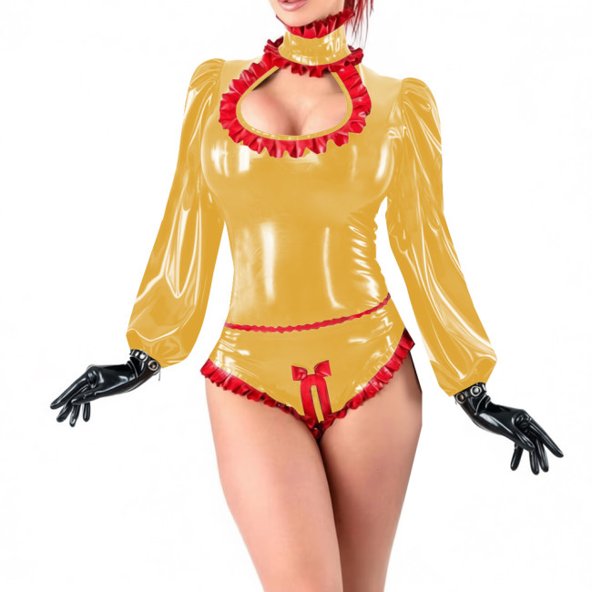 Party Sexy Hollow Out Shiny PVC Bodysuit Lockable Long Sleeve High Cut Wetlook Rompers Sissy Zipper Open Crotch High Cut Catsuit