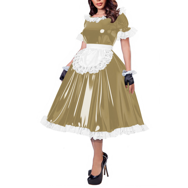 French Maid Lace Trim Glossy Midi Dress Sissy Puff Sleeve Apron Wet PVC Leather A-line Dress for Halloween Party Cosplay Outfits