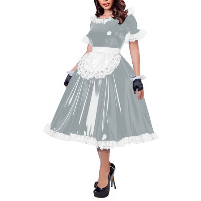 French Maid Lace Trim Glossy Midi Dress Sissy Puff Sleeve Apron Wet PVC Leather A-line Dress for Halloween Party Cosplay Outfits