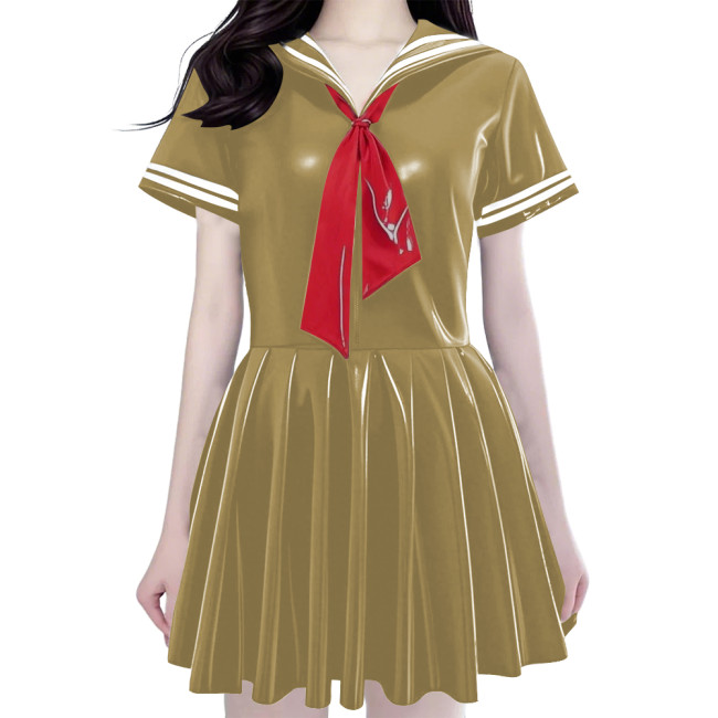 Women's Shiny PVC Mini Sailor Dress Sweet Schoolgirl Cosplay Costume with Red Necktie Wet Look Pleated Mini Dress for Party