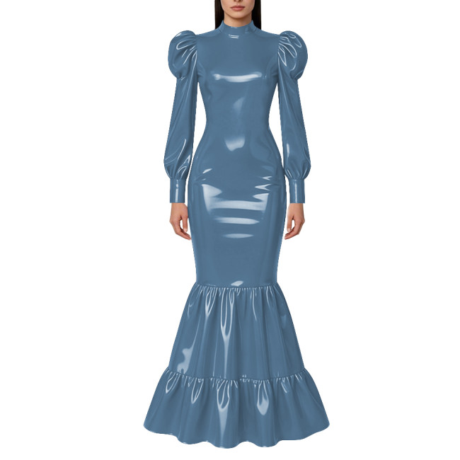 Elegant Lockable Long Mermaid Dresses Mock Neck Glossy PVC Leather Puff Sleeve Ruffled Hem Maxi Dress Gown for Party Evening