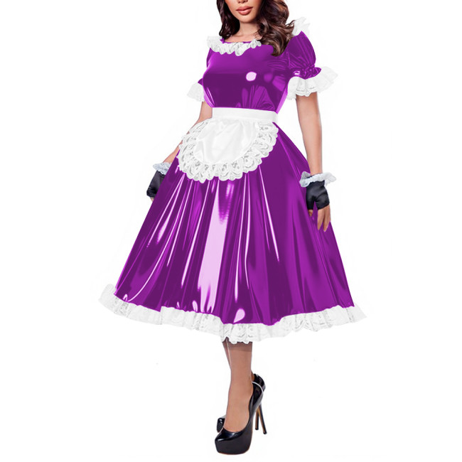 French Maid Lace Trim Glossy Midi Dress Sissy Puff Sleeve Apron Wet PVC Leather A-line Dress for Halloween Party Cosplay Outfits