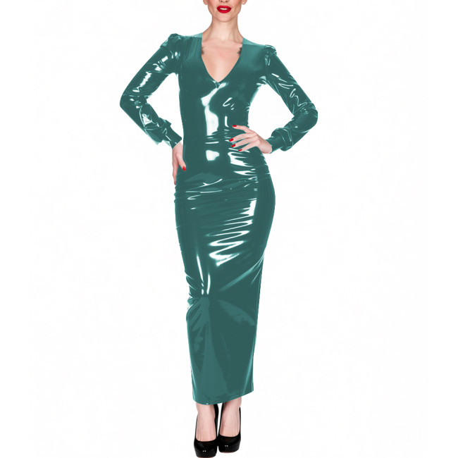 Shiny PVC Leather Solid Color Long Dress Office Ladies Long Sleeve V Neck Stretchy Bodycon Dress Womens Elegant Party Vestidos