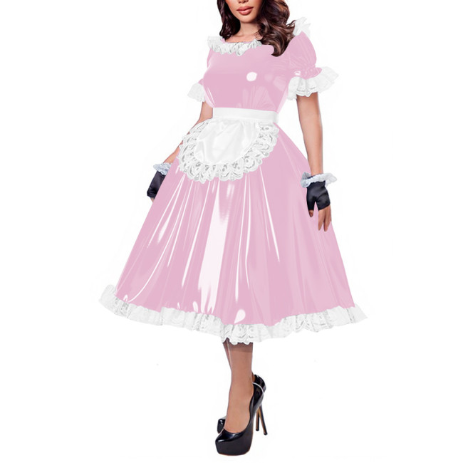 French Maid Lace Trim Glossy Midi Dress Sissy Puff Sleeve Apron Wet PVC Leather A-line Dress for Halloween Party Cosplay Outfits