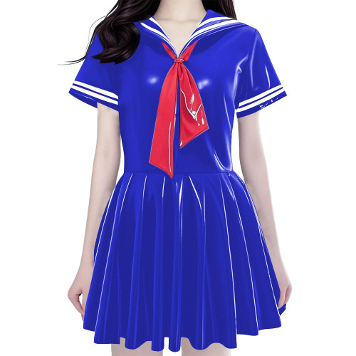 Women's Shiny PVC Mini Sailor Dress Sweet Schoolgirl Cosplay Costume with Red Necktie Wet Look Pleated Mini Dress for Party
