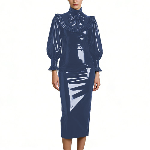 Cocktail Party Shiny PVC Leather Midi Dresses Lockable High Neck Long Sleeve Slim Fit Pencil Dress with Bow Vintage Gown Dress