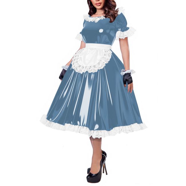 French Maid Lace Trim Glossy Midi Dress Sissy Puff Sleeve Apron Wet PVC Leather A-line Dress for Halloween Party Cosplay Outfits