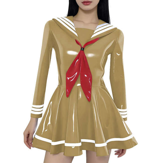 Preppy Style Shiny Sailor Collar Mini Dress Womens Long Sleeve Sweet Bow A-line Dress Vinyl PVC Leather Party Cosplay Dresses